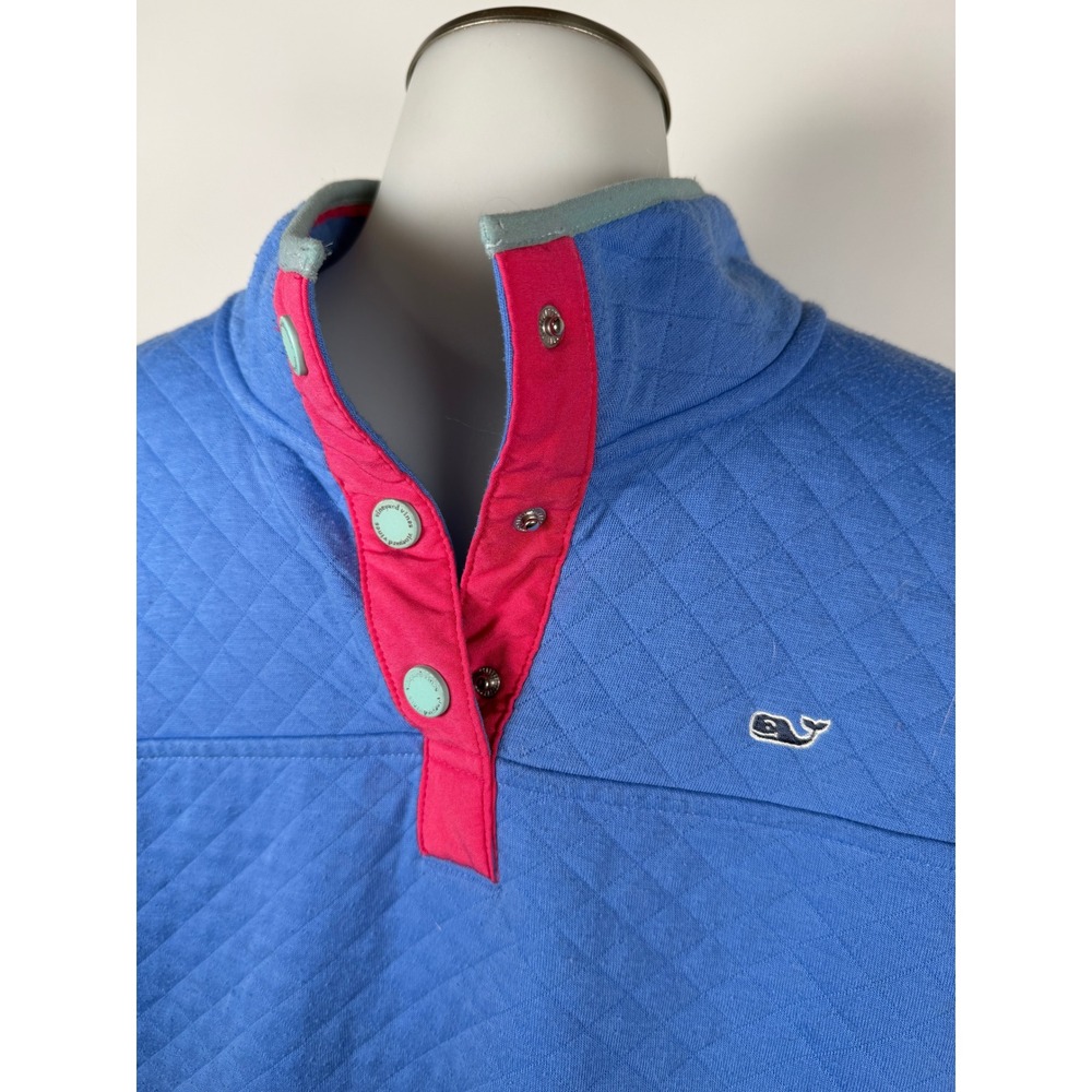 Women's Vineyard Vines Quilted Pullover Shirt Blue Pink Snap Mock Neck Size XL - Picture 2 of 9